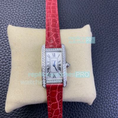 Swiss Copy Cartier Tank Americaine Silver Dial Diamond Bezel Red Leather Watch